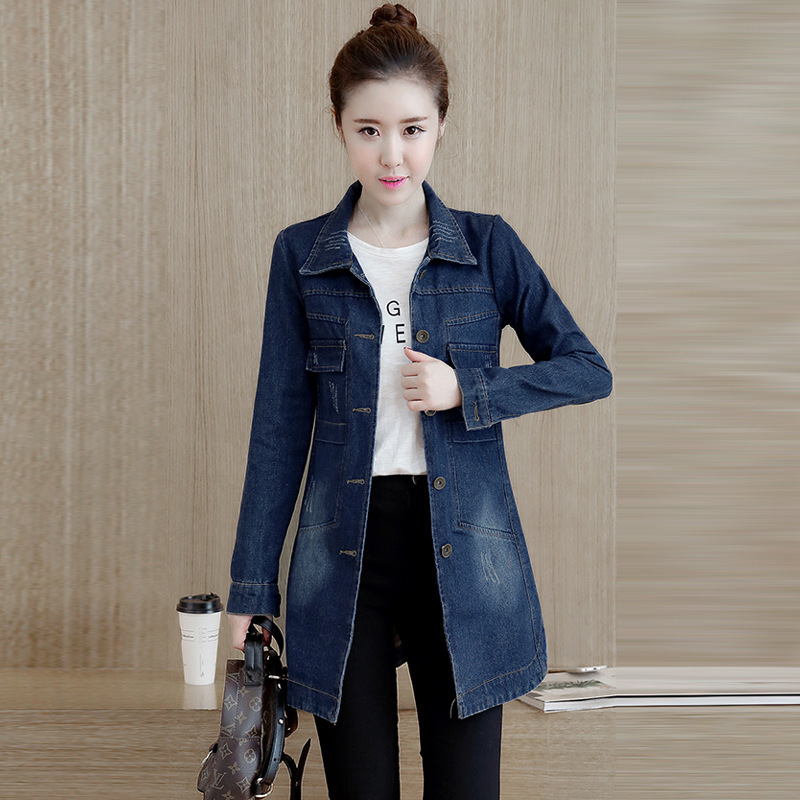 Women's Korean-style long-sleeved Denim coat slim-fit single-breasted mid-length trench coat