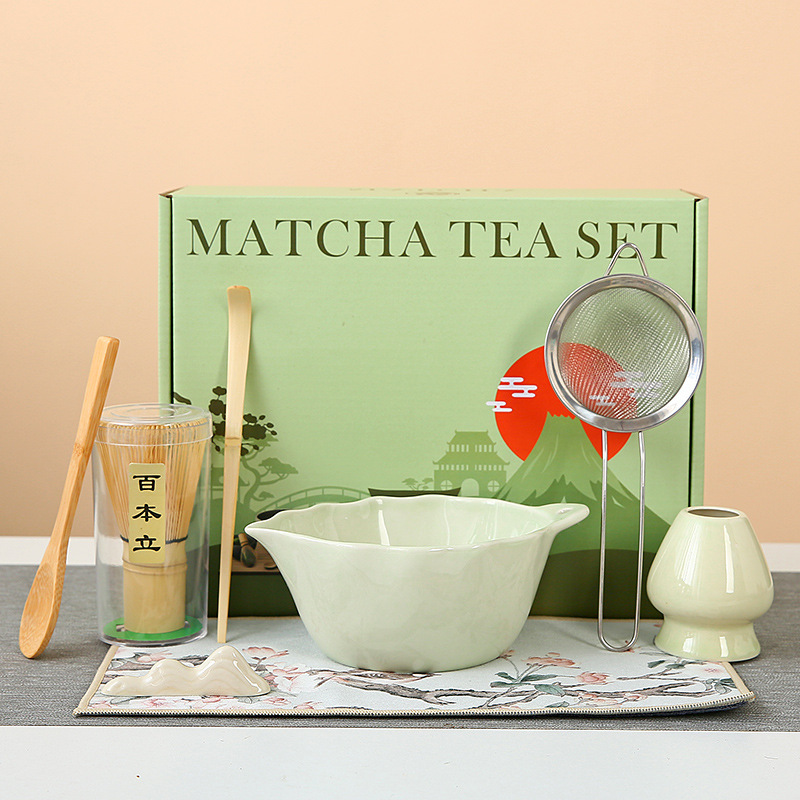 日式树叶带嘴抹茶碗日本点茶器陶瓷茶筅立抹茶勺百本立打抹茶工具|undefined