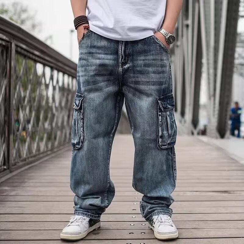 Hip-Hop Jeans Straight-Leg Men's Long Pants Loose Skateboard Pants Plus-Size Men's Large Velcro Pocket Wide-Leg Pants Hip-Hop Jeans Straight-Leg Men's Long Pants Loose Skateboard Pants Plus-Size Men's Large Velcro Pocket Wide-Leg Pants