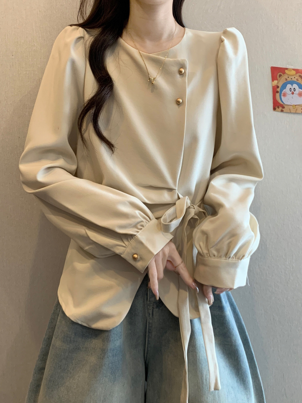 法式正肩长袖衬衫女秋季大码胖mm显瘦设计感绑带收腰小衫上衣|undefined