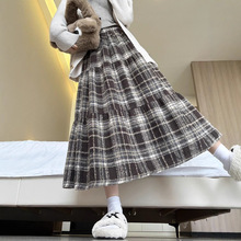 毛呢蛋糕半身裙春秋款高腰显瘦慵懒小个子中长裙磨毛拼接格子裙女