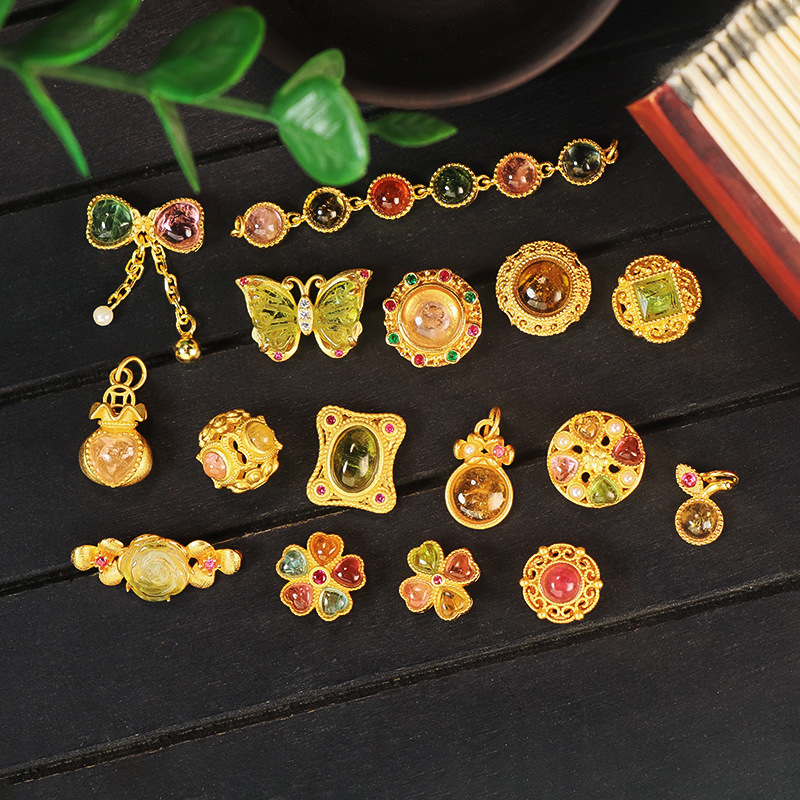 天然碧玺镶嵌S925银镀24K古法沙金四叶草手工链吊坠隔珠diy配饰品