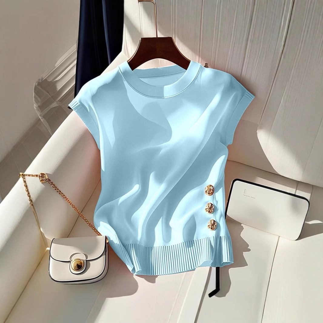 Women's Light Luxury Pink Knit Top Round Neck Sleeveless T-Shirt French Style Summer Chic Fashion For Youthful Women_voghion.com