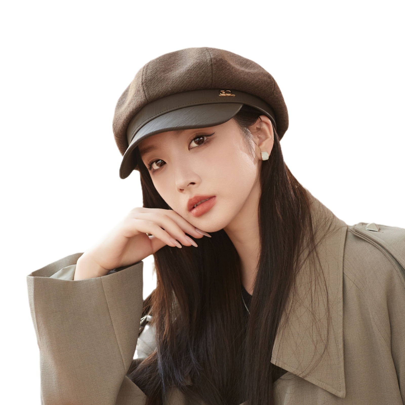 Cappello unisex alla moda in pelle con patchwork ottagonale da donna autunno-inverno vintage nero grande testa rotonda mostra viso piccolo cappello_voghion.com