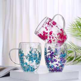 跨境通用真花双层玻璃杯 创意流沙玻璃水杯 带把手防烫隔热咖啡杯