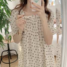 实拍2024夏新款新款碎花方领法式睡裙家居服短袖连衣裙女外贸批发