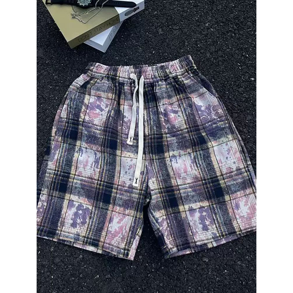 Trendy High Street Casual Retro Tie Dye Plaid Shorts Loose Fit For Men And Women Suitable For Wearing Outside And At The Beach_viptrois.com