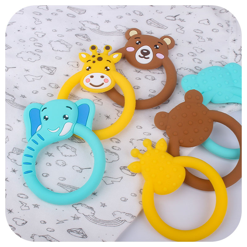 Amazon nuevo bebé suministros de dibujos animados animal molar juguetes de silicona bebé ejercicio goma mordedura pegamento teether