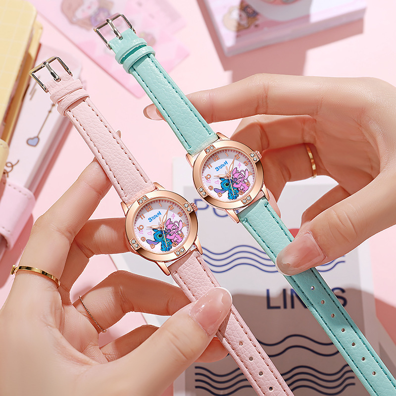 Cross-Border E-Commerce Hot Wholesale Dropshipping Cartoon Lilo and Stitch Rose Gold Diamond Belt Watch for Women
