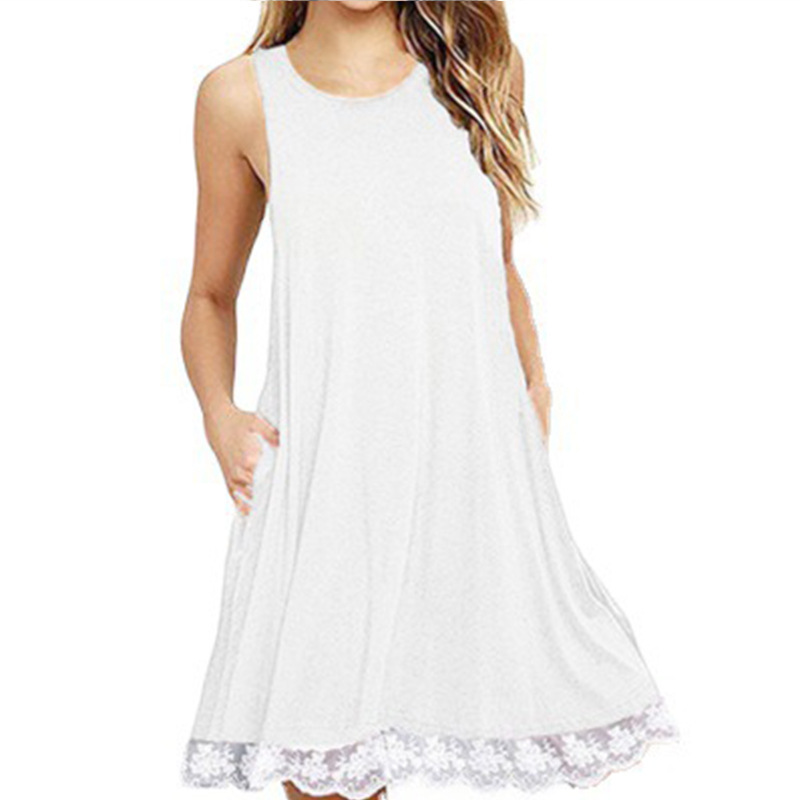 2026 New Style Sleeveless Loose Pocket Lace Hem Dress Women's Sexy Nightgown Round Neck Short Sleeve T-Shirt