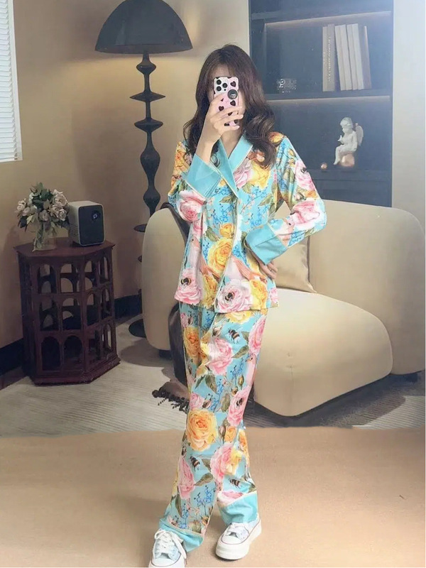 春夏油画鲜花休闲居家清凉睡衣V领套装女舒适时尚洋气两件套女装|undefined