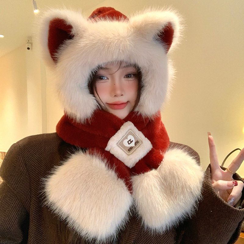 Women's Winter New Style Color-Block Fox Ear Hat, Cute and Warm Plush Parent-Child Hat with Integrated Cross-Neck Warmer and Ear Protection