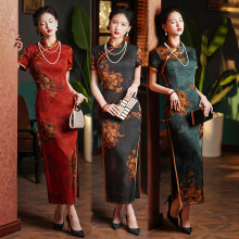 长款旗袍女老上海2022年新款改良民国复古气质短袖性感日常妈妈装