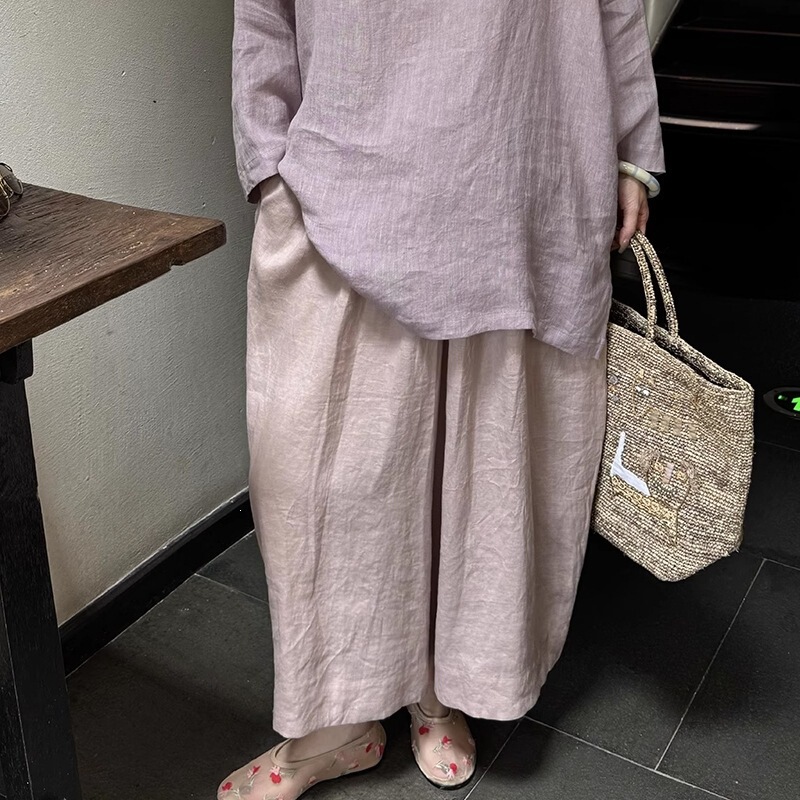 High-End Pink Linen Wide-Leg Pants for Women, Elastic Waist, Drapey, Breathable Casual Pants, Artistic Retro Cotton-Linen Cropped Pants High-End Pink Linen Wide-Leg Pants for Women, Elastic Waist, Drapey, Breathable Casual Pants, Artistic Retro Cotton-Linen Cropped Pants
