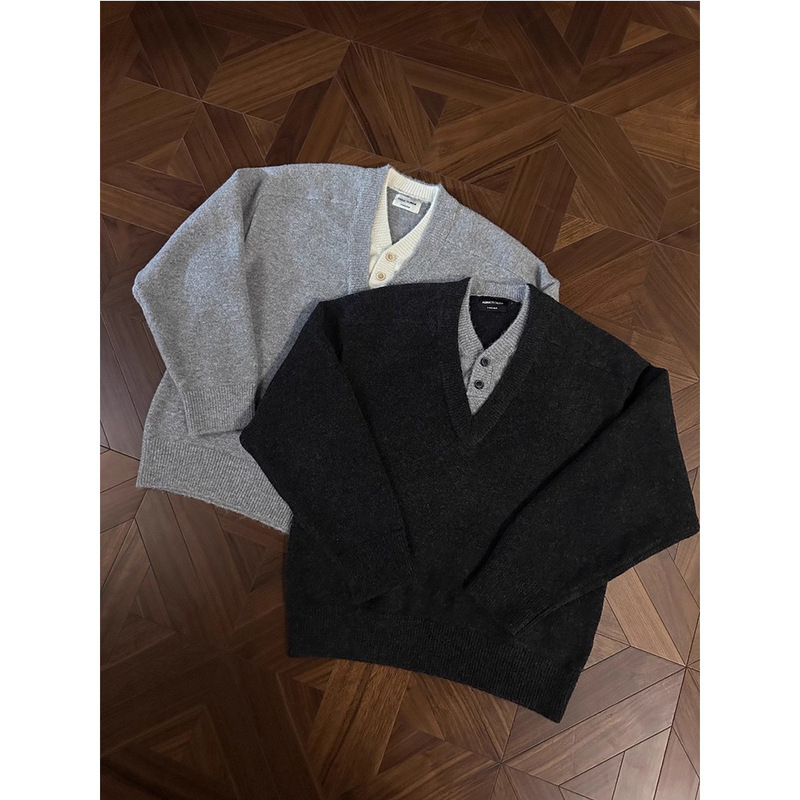 Fake Two-Piece V-Neck Sweater for Men, Autumn and Winter, Old Money Style, High-End American Retro, Lazy Casual Knitwear for Teenagers