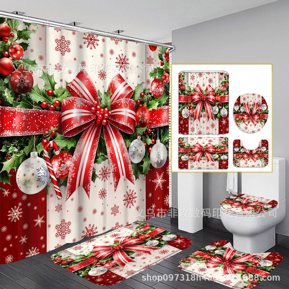 Transfronterizo sin perforación parcial impresión digital cortina de baño de cuatro piezas conjunto de cortina de baño impermeable antideslizante personalizada