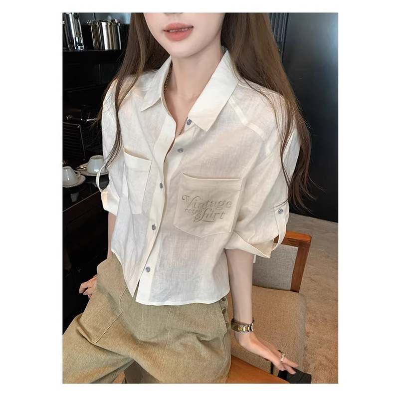 Axb Paris 8Th District Pure Linen Shirt with Sun Protection, Two-Color Embroidered Pocket, Loose Long-Sleeve Top Axb Paris 8Th District Pure Linen Shirt with Sun Protection, Two-Color Embroidered Pocket, Loose Long-Sleeve Top