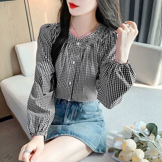 2026早秋新款小清新减龄格子拼接设计感新款衬衫显瘦别致上衣女