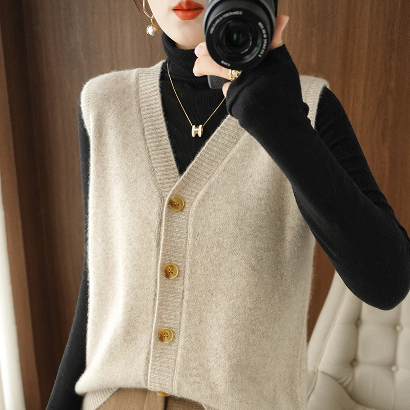 Autumn and Winter New V-Neck Cardigan Sleeveless Vest Loose Slim Sweater Outer Waistcoat Women's Solid Color