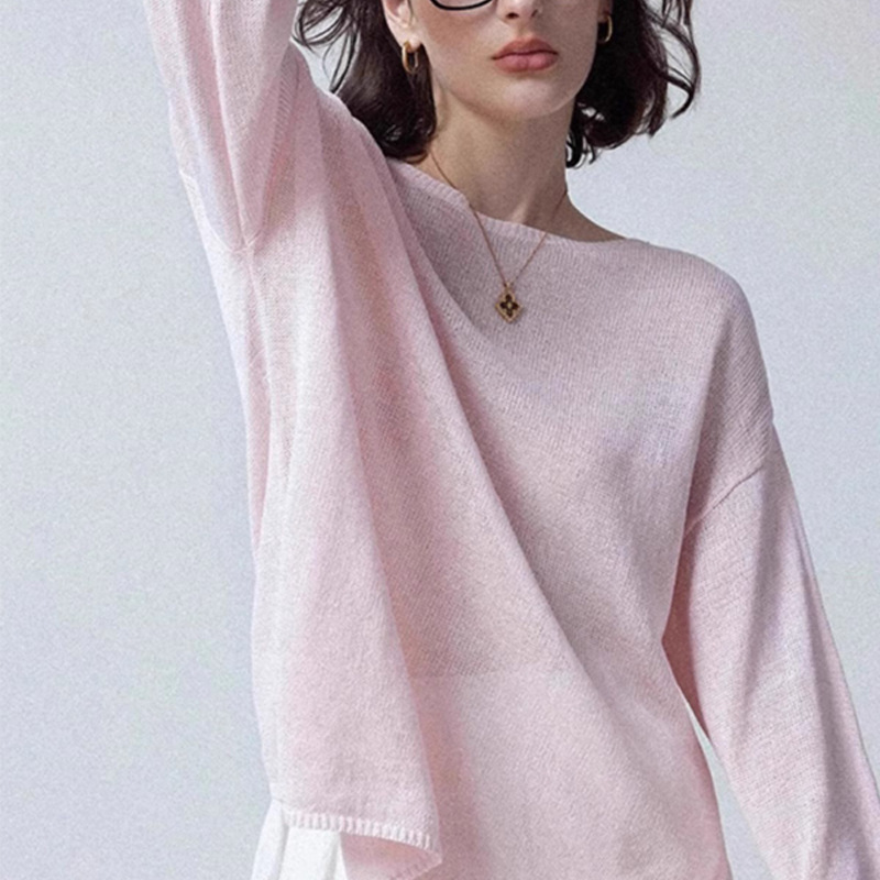 French Pink Ice Silk Knitted Sunscreen Blouse Tulle Top Women's Summer High-end Loose Thin Micro-transparent T-shirt