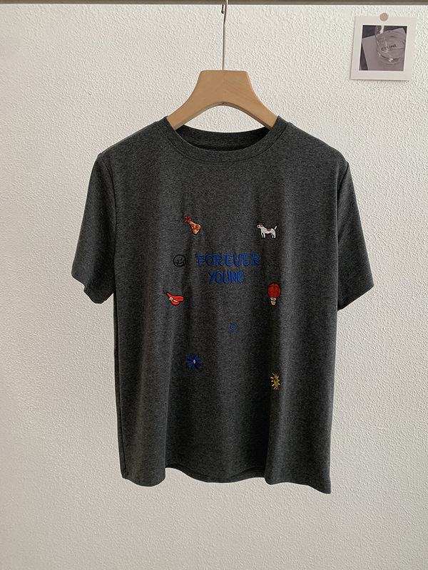 Omalai 刺繍レターパターンラウンドネック右肩半袖プルオーバー Tシャツ韓国風ファッショナブルな万能トップス女性用 3485|undefined