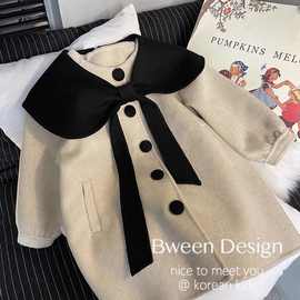 女童双面呢外套2025冬季新款韩版洋气儿童蝴蝶结中长款毛呢大衣潮