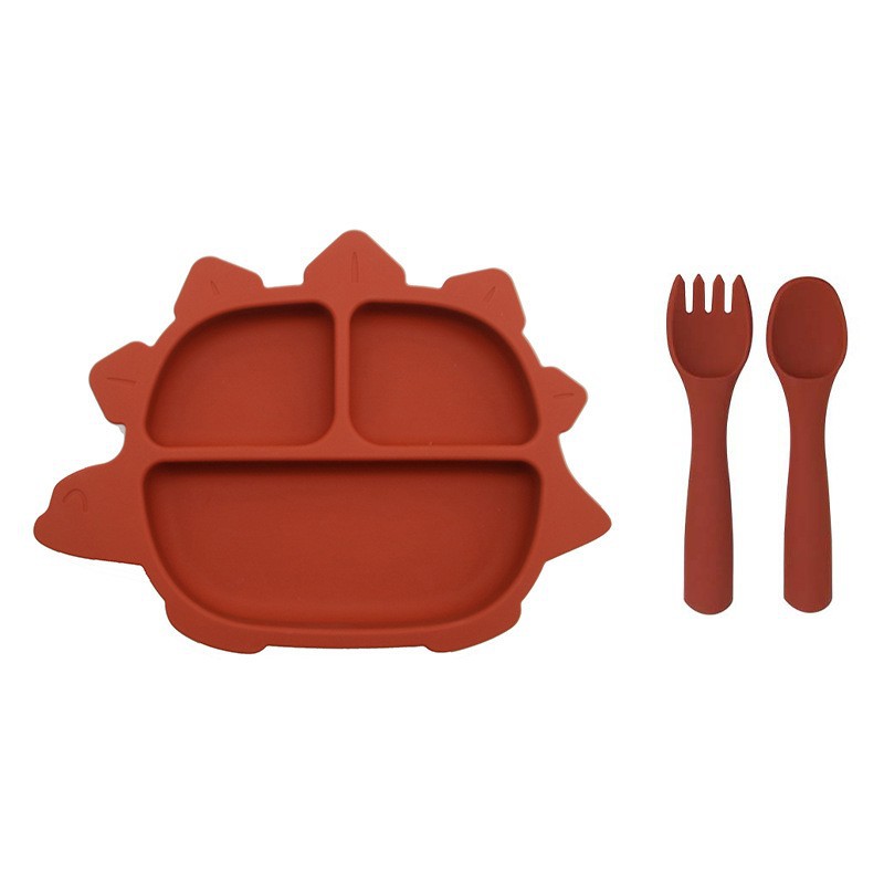 실리콘 [익룡 디너 접시 + 원형 손잡이 포크와 스푼] 브릭 레드