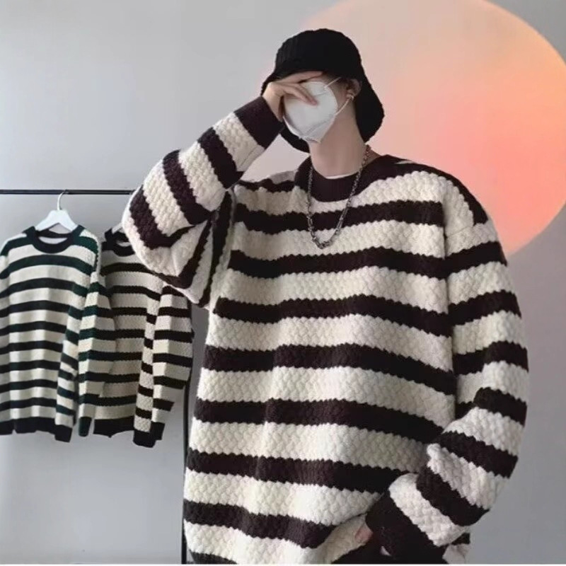 秋冬季男女复古条纹撞色设计针织毛衣外套宽松圆领套头休闲毛线衣