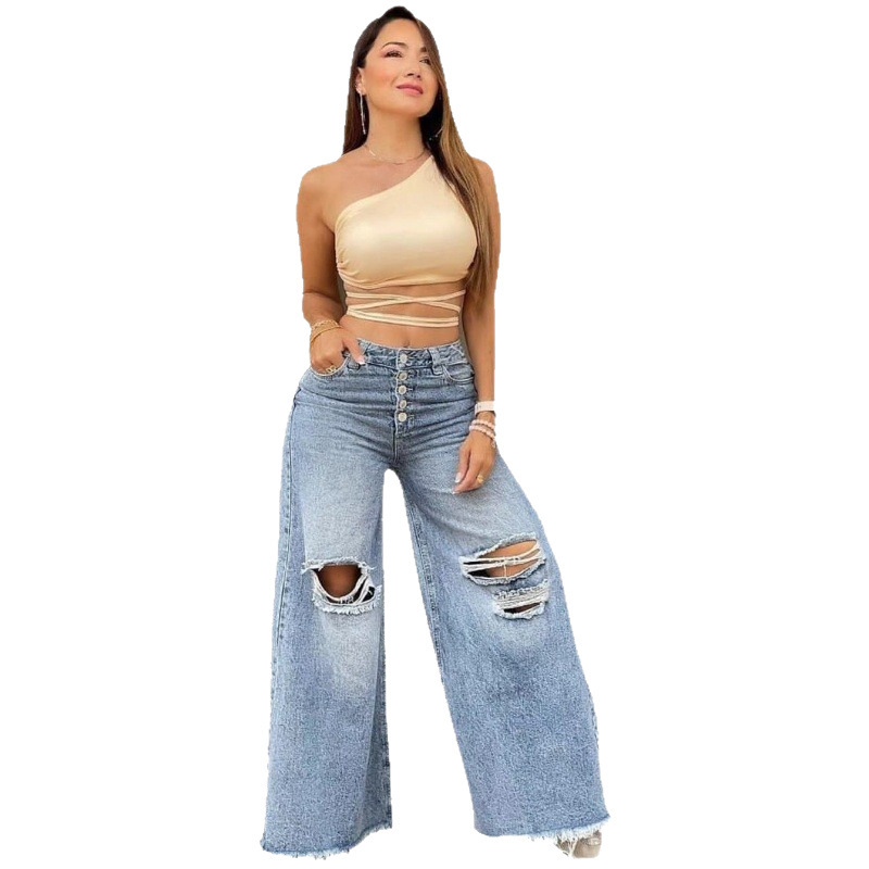 Jeans de Pierna Ancha con Agujeros y Tiro Alto para Mujer de Algodón, Lavado