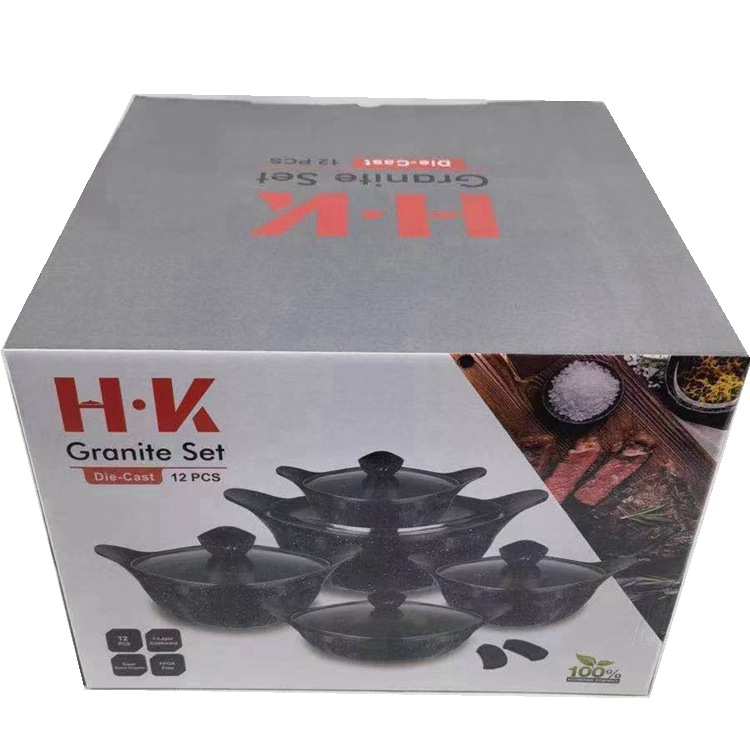12 unids conjunto de utensilios de cocina HK 12 piezas olla cuadrada en forma de lingote maifan no palo de piedra conjunto olla de fundición de aluminio