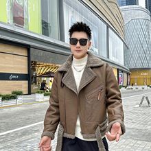 2025新款冬季羊羔皮衣短款机车男士加绒皮毛一体外套翻领夹克加厚