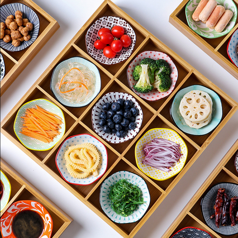 竹木火锅蔬菜托盘九宫格火锅拼盘烤肉店食材配菜餐具分格碗碟托盘
