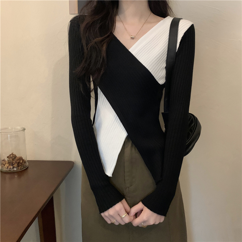 Aria Basics Women's Slim Fit V-neck Knit Pullover European Style_voghion.com