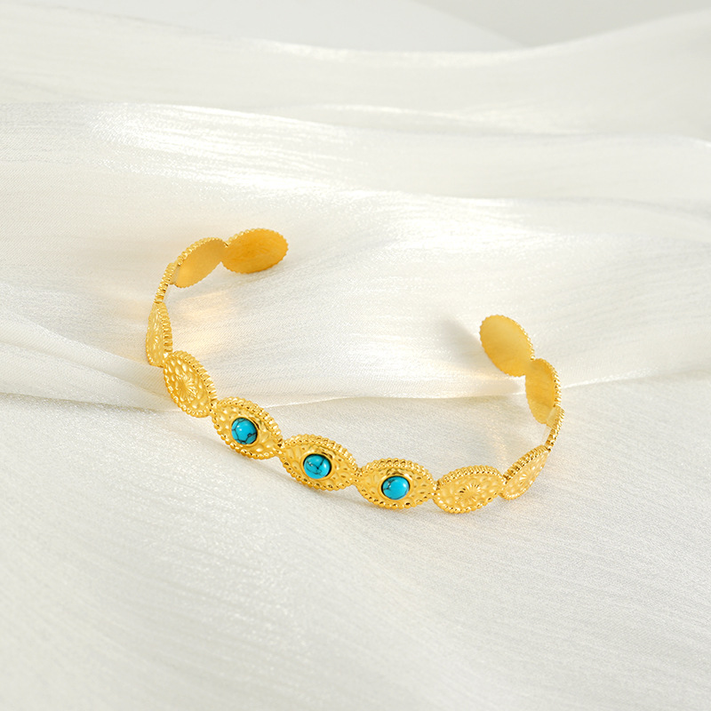 Nuevo acero de titanio azul turquesa transfronterizo ligero lujoso diseño de moda geometría de oro 18K simple pulsera de apertura en forma de C para mujeres