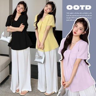 Maternity Summer Suit 2025 New Short Sleeve + Adjustable Pig Nose Buckle Nine-Point Wide Leg Pants Suit