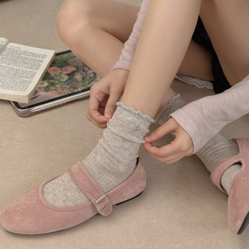 Korean style summer thin socks for women with heart-shaped pendant ruffles mesh lace open tube socks simple solid color pile socks 