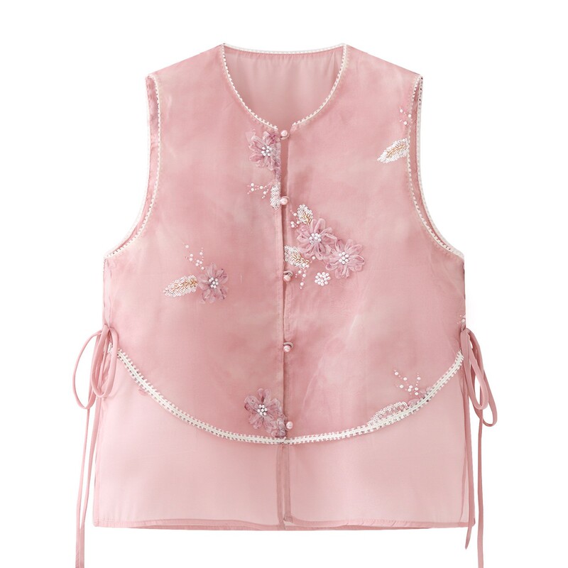 Aigle New Chinese Style Organza Vest for Women 2026 Summer New Beaded Embroidery Mesh Pink Youthful National Style Thin Vest