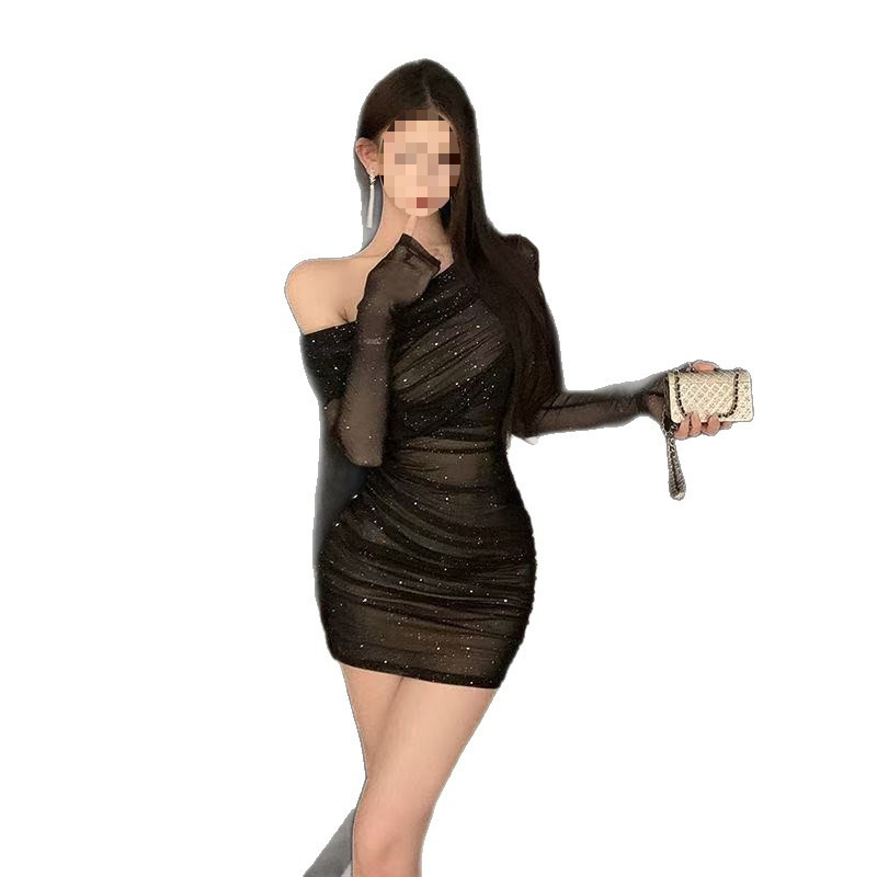 GraceChic Sexy Hot Girl Off-Shoulder Langarm Transparentes Damen Herbst Schwarz Slim Fit Schimmerndes Unregelmäßiges Raffkleid_voghion.com