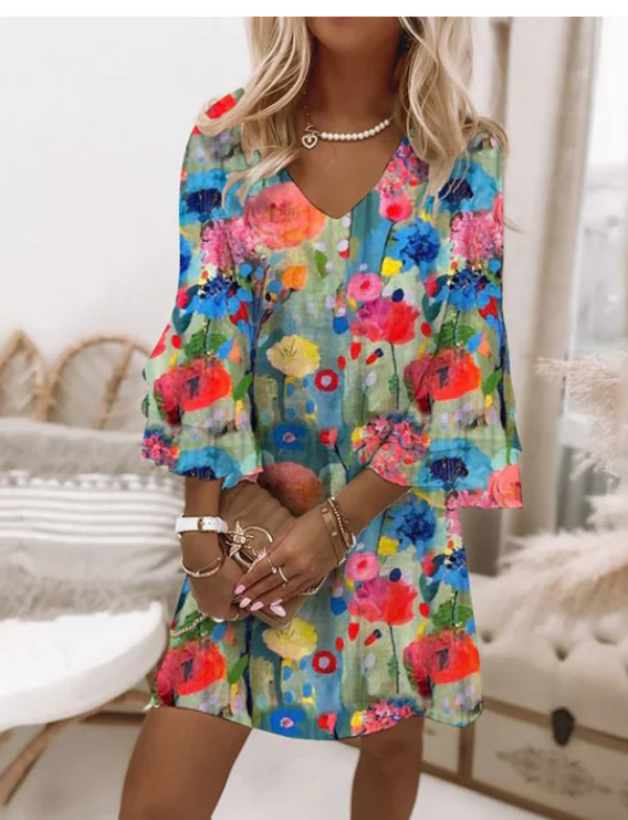 Nuevo estilo transfronterizo europeo y americano Amazon AliExpress Wish estampado fresco con cuello en V 3/4 manga mini vestido de mujer image 29