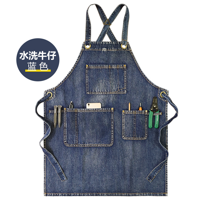 Transfronterizo Amazon puro algodón lavado Denim delantal estudio Artista manicura cocina overoles delantal al por mayor