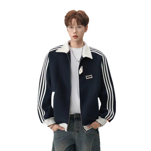 Three-bar stand-neck jacket for men and women's autumn and winter velvet loose preppy style baseball uniform casual sports sweater coat