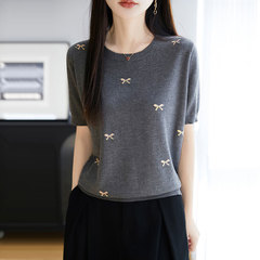 【メーカー直供】夏の新型丸襟天糸ニット半袖tシャツ女性ファッション刺繍ショートタイプのアイスシャツ