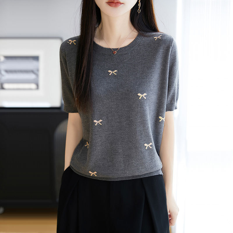 [Factory Direct Supply] Summer New Round Neck Tencel Knitted Short Sleeve T-shirt Women's Fashion Embroidered Short Ice Silk Shirt