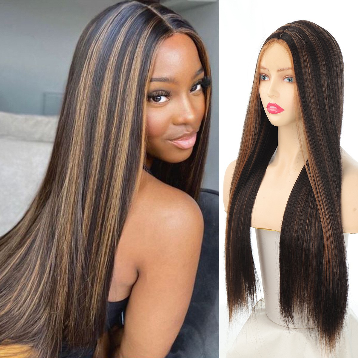 parrucche moda donna pizzo frontale capelli lunghi lisci 70cm280g seta ad alta temperatura fibra chimica morbida traspirante_voghion.com