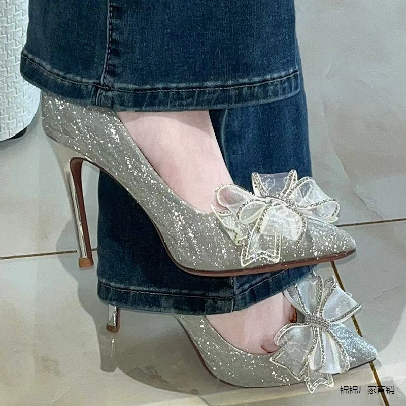 2024 новые остроконечные стразы с бантами на каблуках на высоком каблуке женская темпераментная леди хрустальная свадебная обувь одиночная обувь новая парча