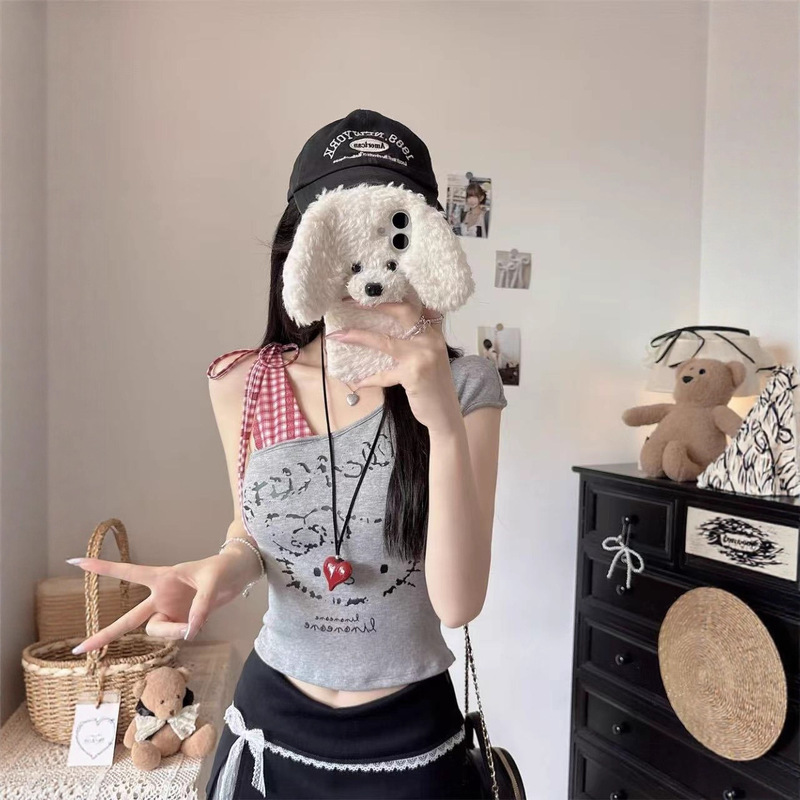 5118 # Summer New Cartoon Kt Cat Print Stitching Plaid Lace-Up Slim All-In-One with Chest Pad to Look Slim