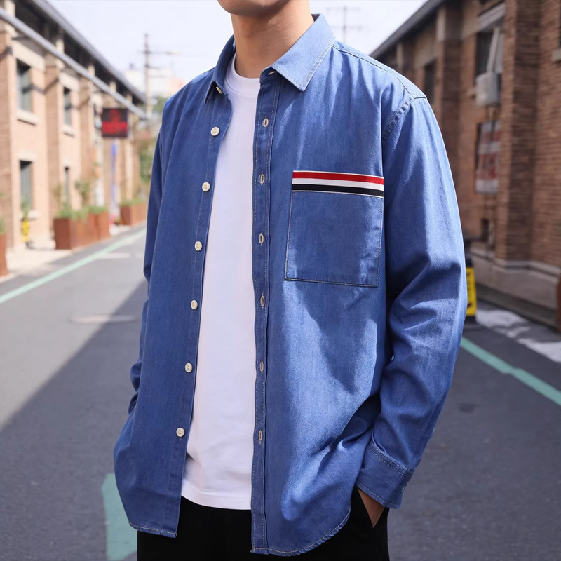 155kg Plus-Size Casual Pocket Red, White, and Blue Denim Long-Sleeve Shirt for Autumn, Stylish Outerwear Shirt