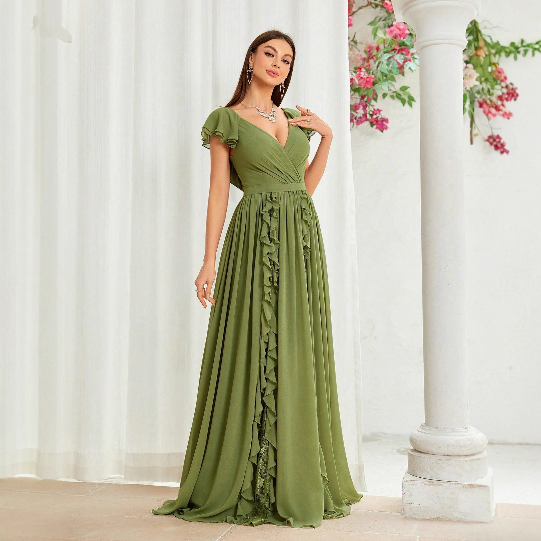 Francia temperamento vestido largo 2026 verano nuevo V-collar pleated borde cintura temperamento vestido vestido para adultos