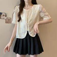 Кружевная летняя блузка женская, plus size, китайский стиль, короткий рукав, абрикосовый