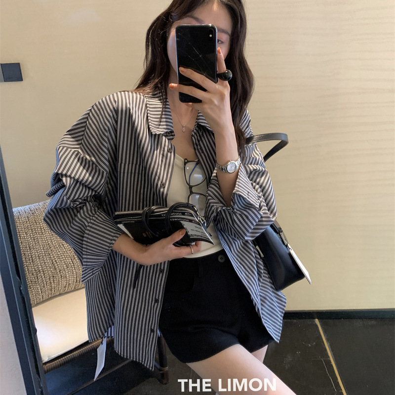 THE LIMON柠檬绿茶2025秋季慵懒休闲条纹衬衫外套宽松女长袖上衣|undefined